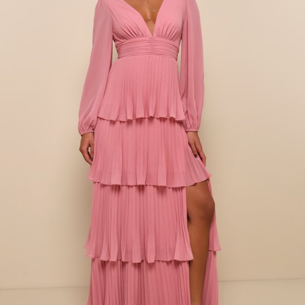 Lulus Graceful Finesse Dusty Rose Pleated Long Sleeve Maxi Dress Pink - Size L